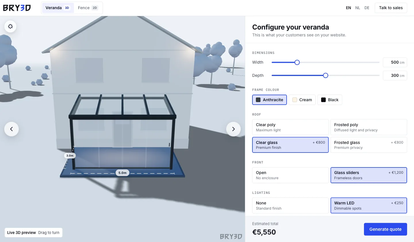 De 3D-verandademo van Bry3D met opties en prijs