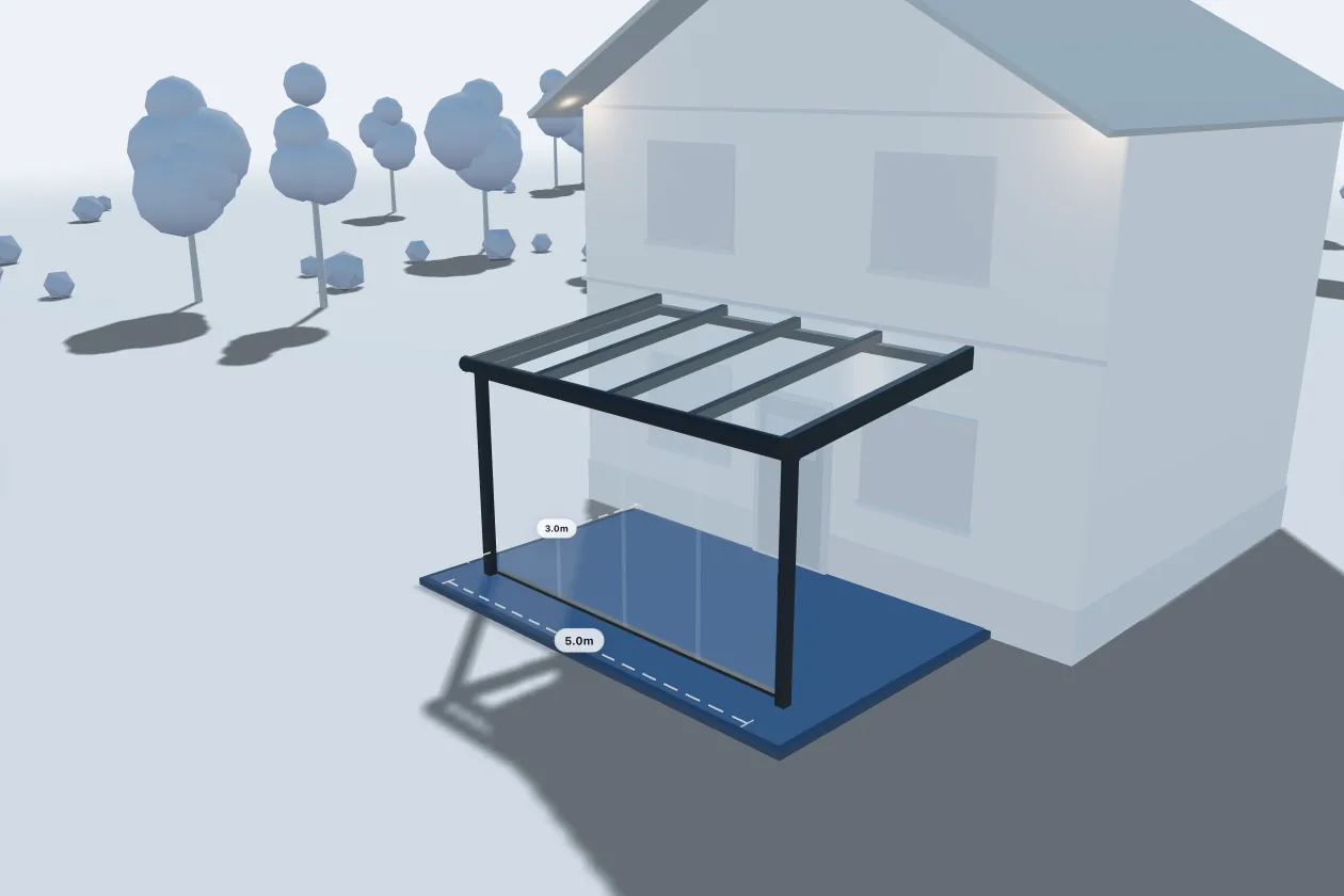 Aluminium veranda met glazen schuifwanden in de 3D-configurator van Bry3D, met maatlabels 5,0 m en 3,0 m