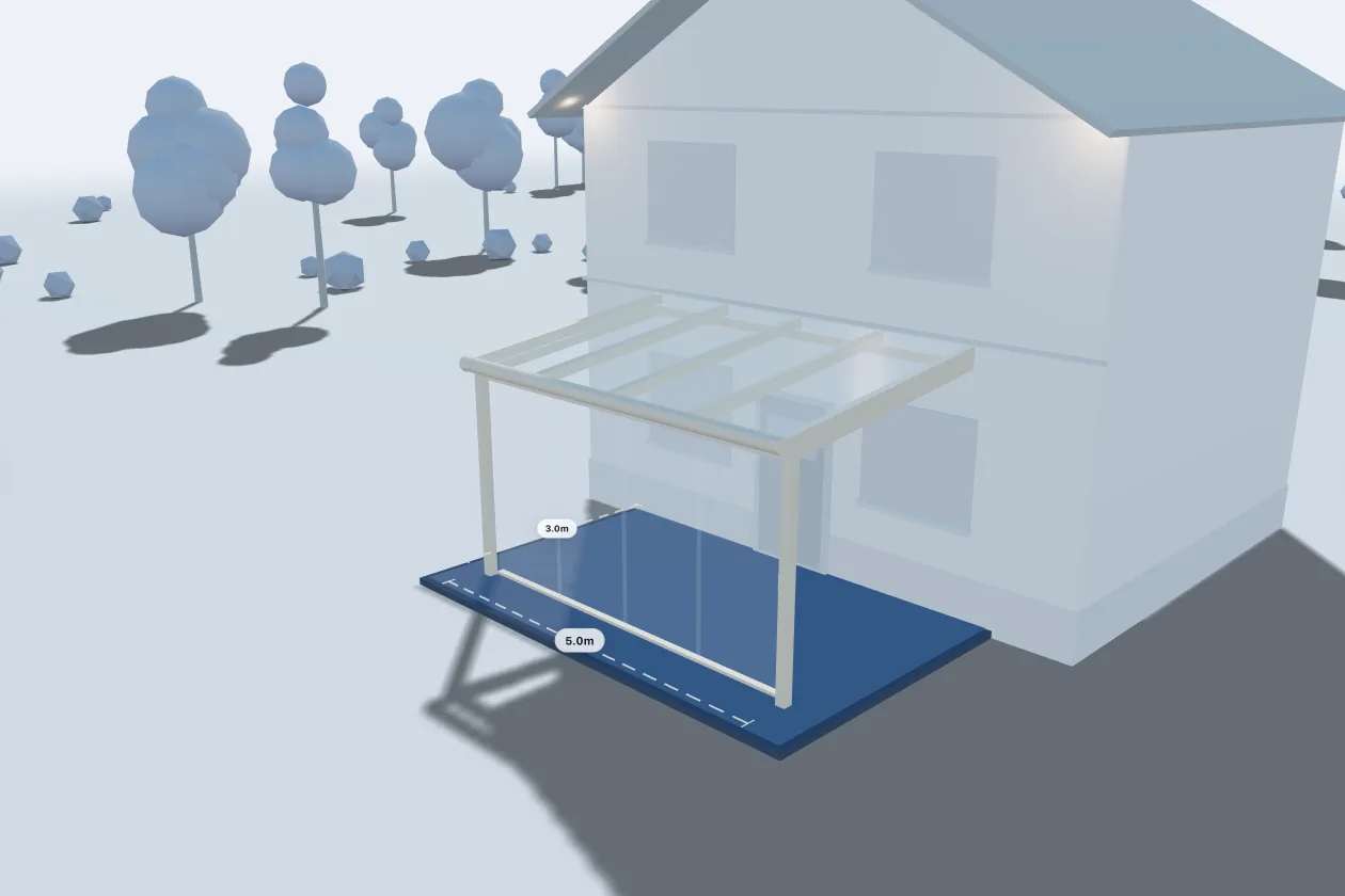 Crèmekleurige veranda met glazen schuifwanden in 3D